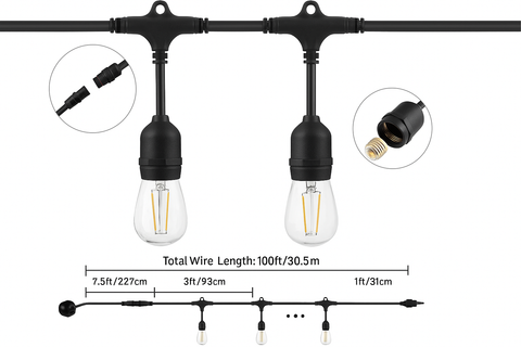 String lights with black metal fixtures and clear bulbs, showing wire length and bulb types on a white background.