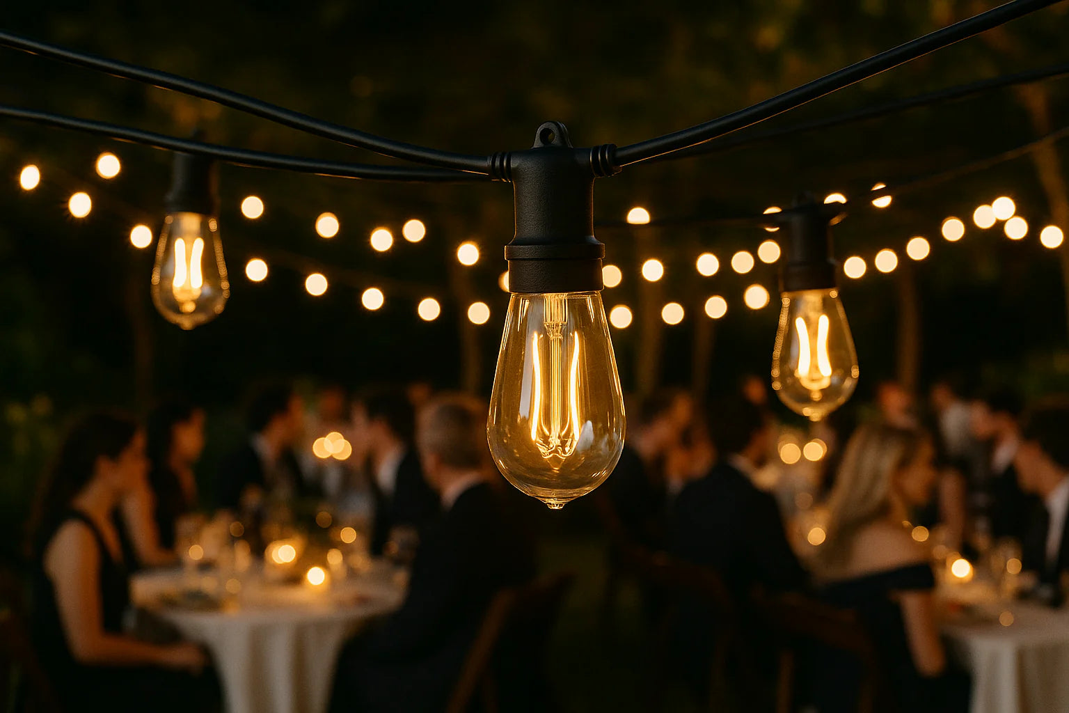 String lights with blurred people in a social setting