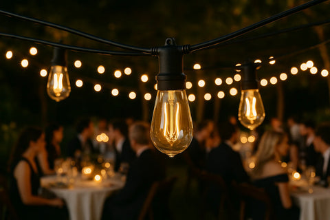 String lights with blurred people in a social setting