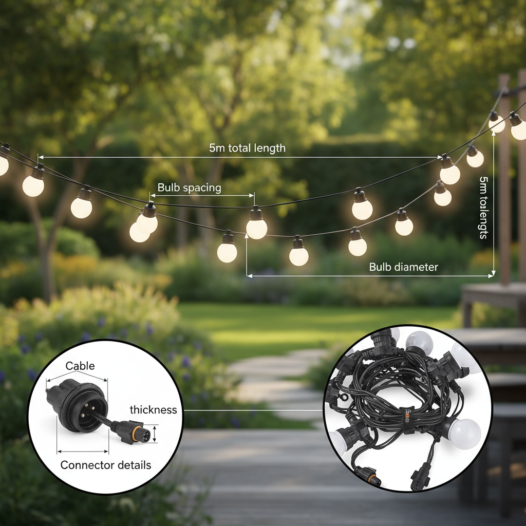 String lights with bulb spacing and cable details in a garden setting
