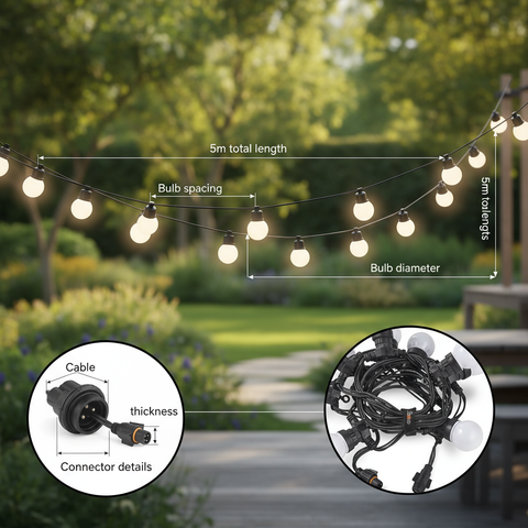 String lights with bulb spacing and cable details in a garden setting
