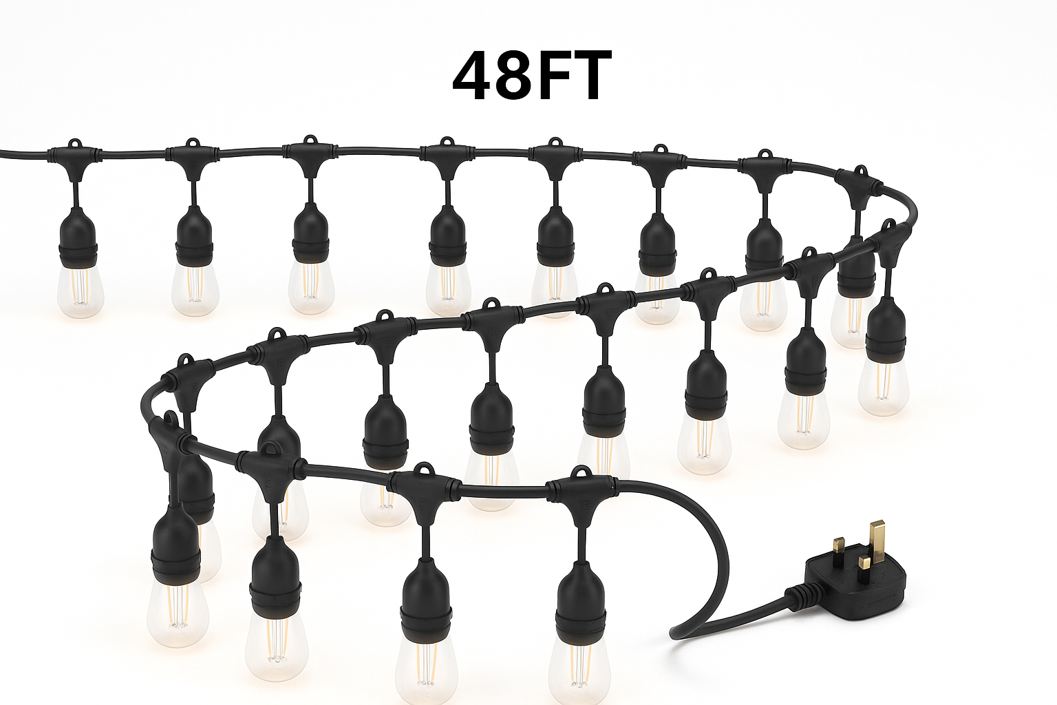 String lights with bulbs and plug, labeled '48FT' on a white background