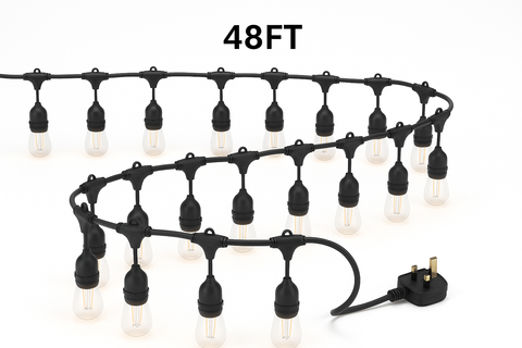 String lights with bulbs and plug, labeled '48FT' on a white background