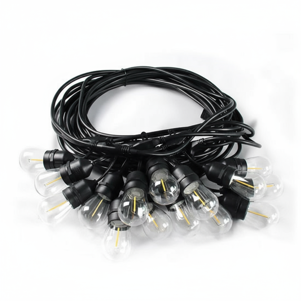 String lights with clear bulbs and black cable on a white background