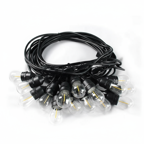 String lights with clear bulbs and black cable on a white background
