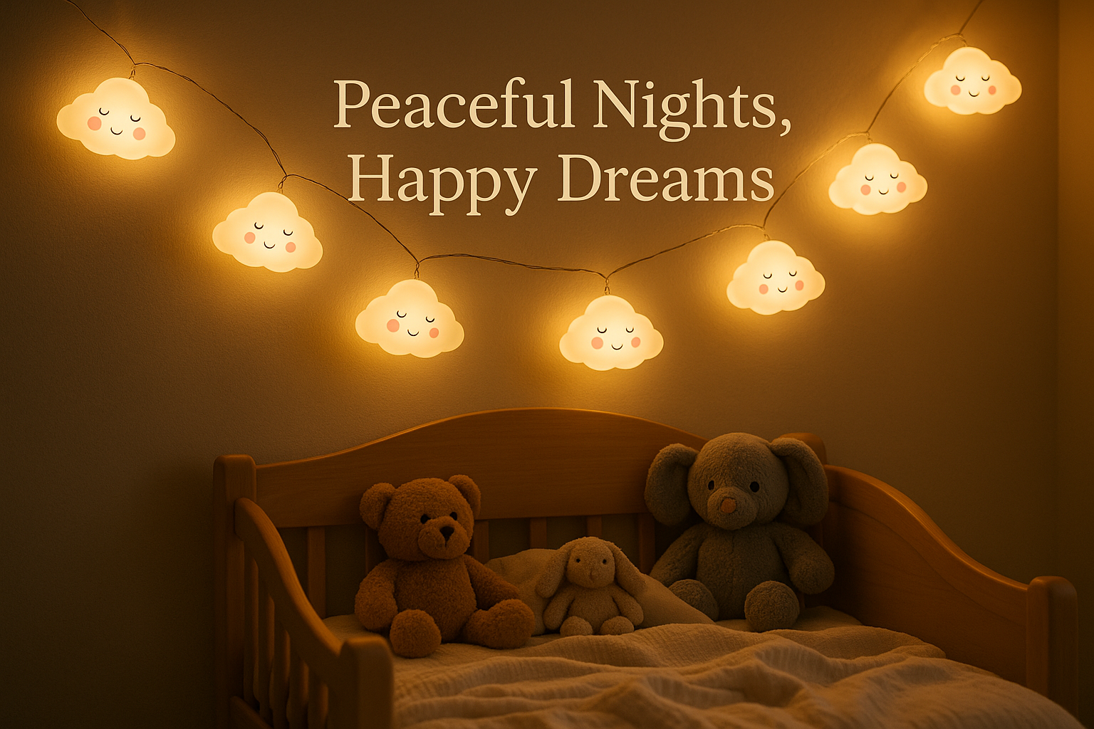 String lights with cloud designs above a bed with teddy bears and a bunny, featuring the text 'Peaceful Nights, Happy Dreams'.