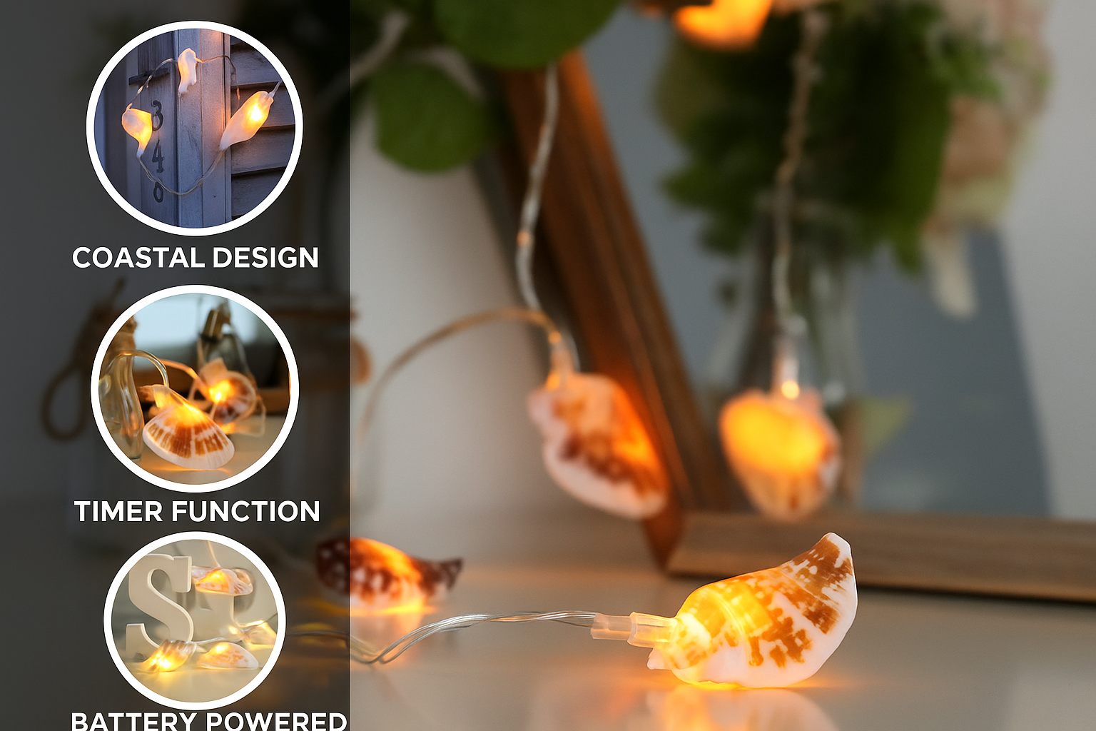 String lights with coastal design, timer function, and battery power on a surface.