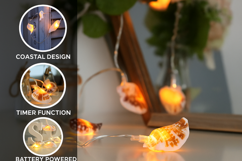 String lights with coastal design, timer function, and battery power on a surface.