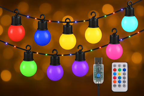 String lights with colorful bulbs and remote control on a blurred background