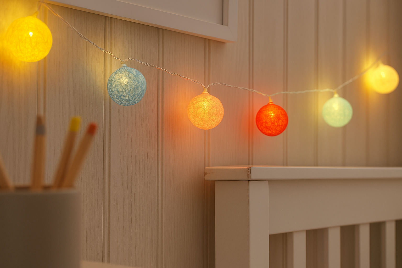 String lights with colorful bulbs hanging above a crib in a nursery.