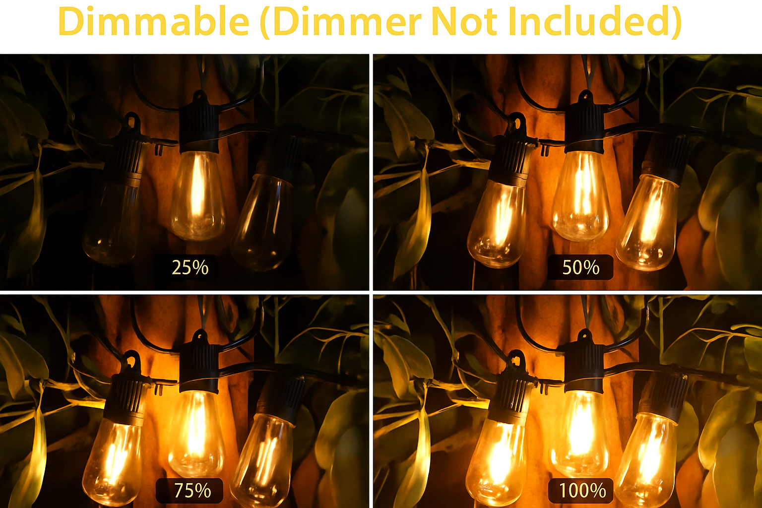 String lights with dimmer control percentages displayed on a dark background