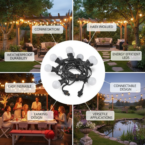 String lights with features highlighted in a garden setting