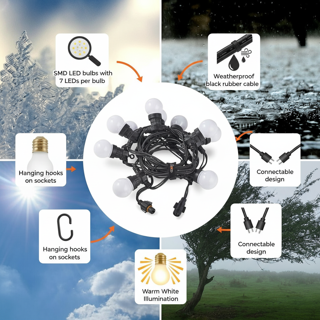 String lights with features highlighted on a snowy landscape background