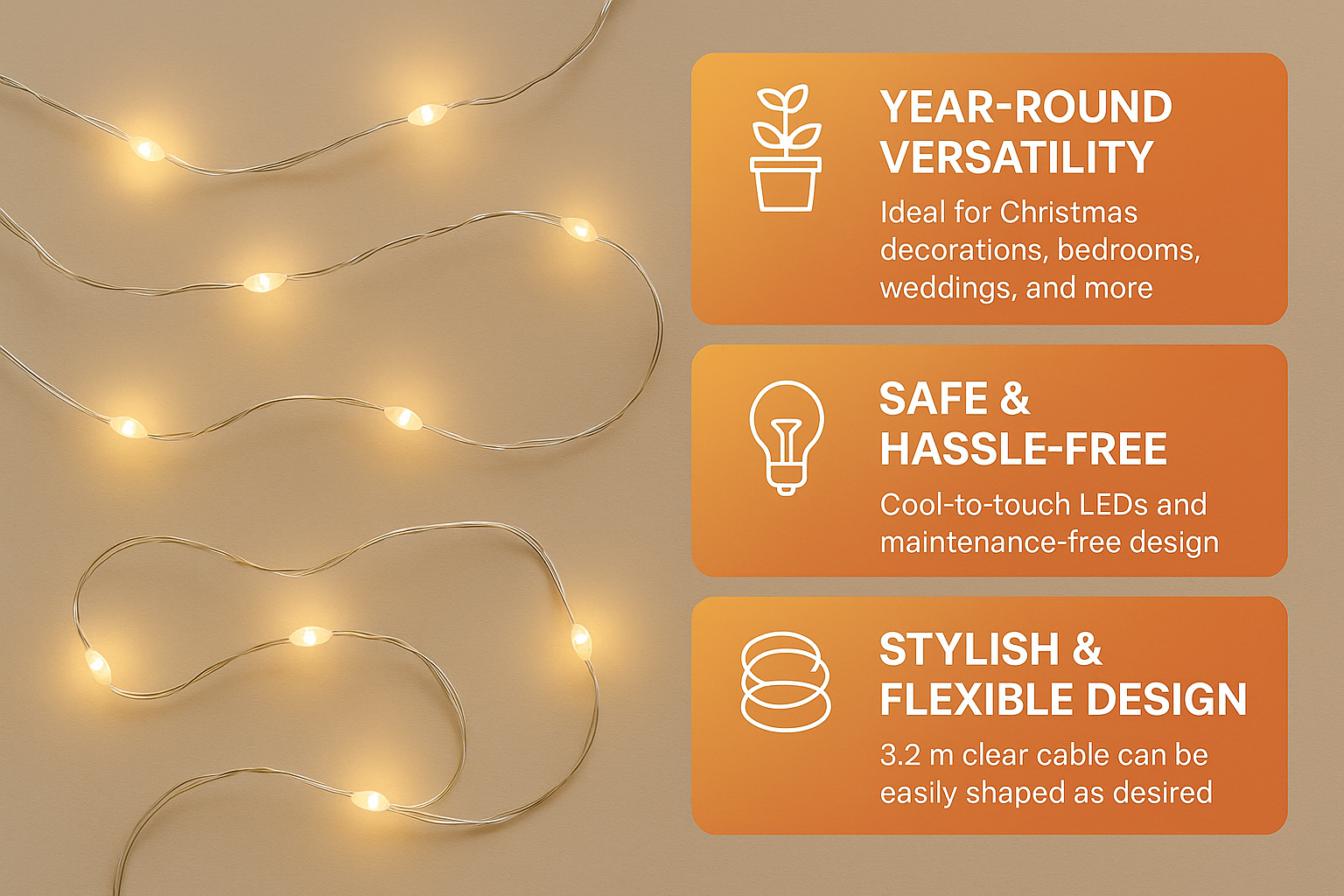 String lights with features highlighted on an orange background
