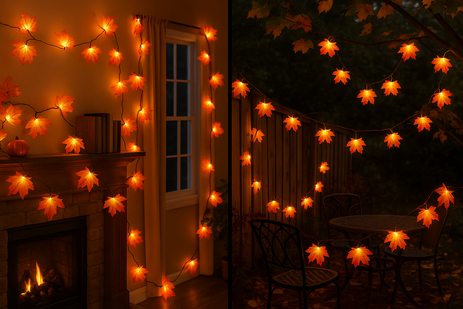 String lights with flower-shaped bulbs in a cozy indoor setting with a fireplace and outdoor area.