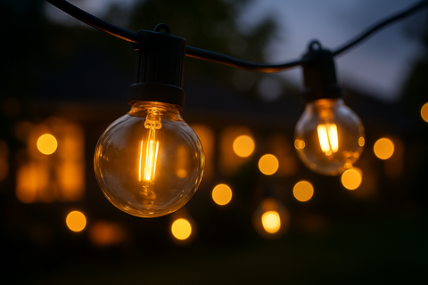 String lights with glowing bulbs against a dark background
