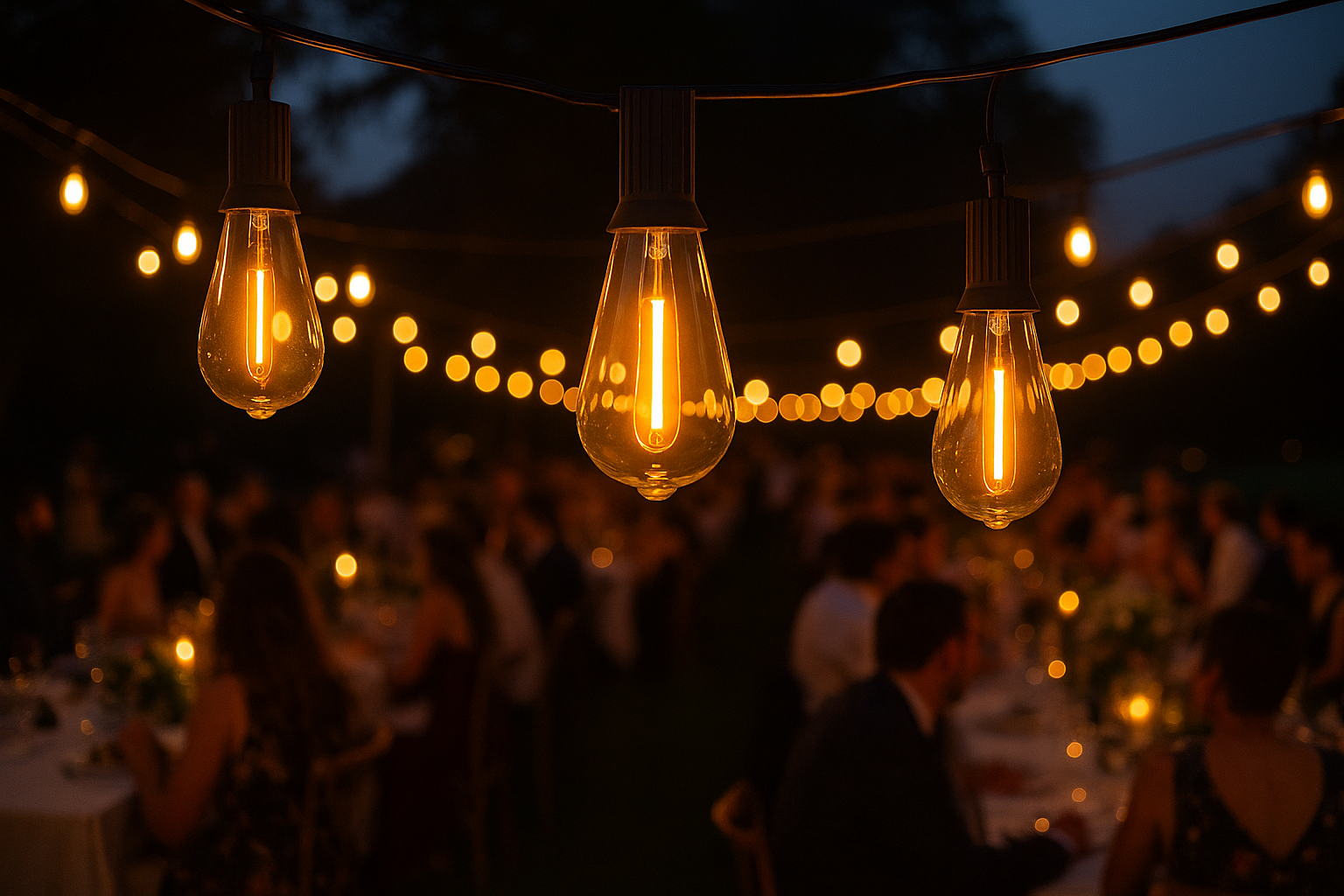 String lights with glowing bulbs hanging above a social gathering.