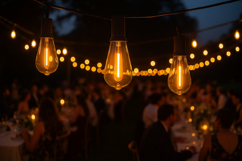 String lights with glowing bulbs hanging above a social gathering.