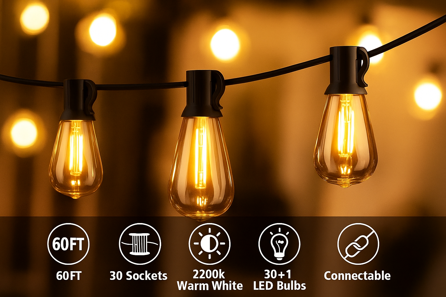 String lights with glowing bulbs on a blurred background