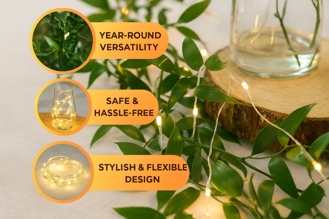 String lights with green leaves and a glass container on a wooden surface