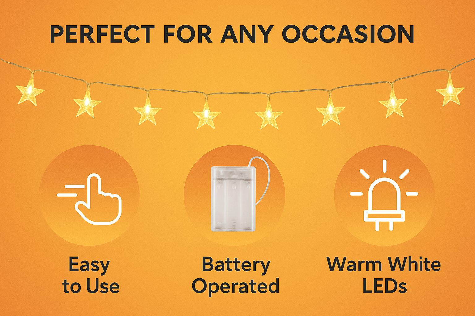 String lights with icons and text on an orange background