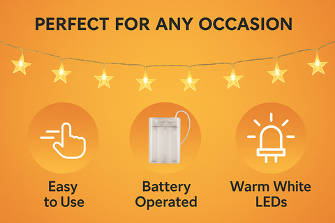 String lights with icons and text on an orange background