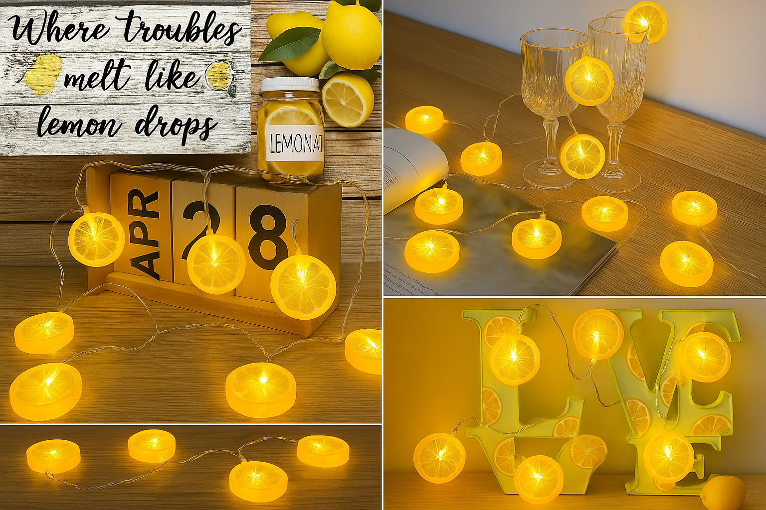 String lights with lemon design on a wooden surface, near jars labeled 'LEMON' and decorative elements.