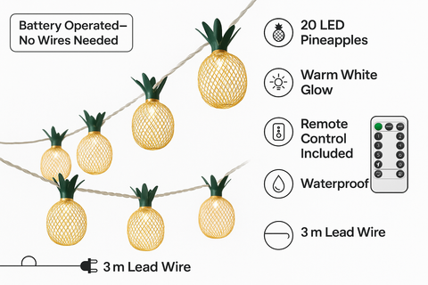 String lights with pineapple design, featuring battery operation and remote control.