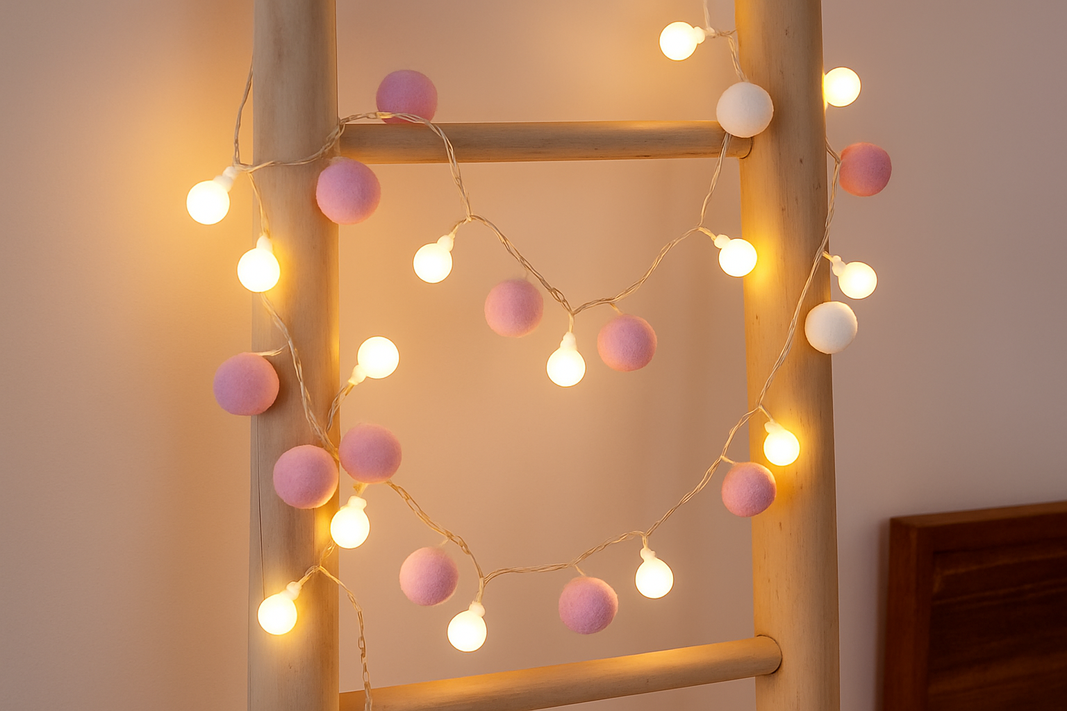 String lights with pink and white bulbs draped over a wooden ladder against a neutral wall.