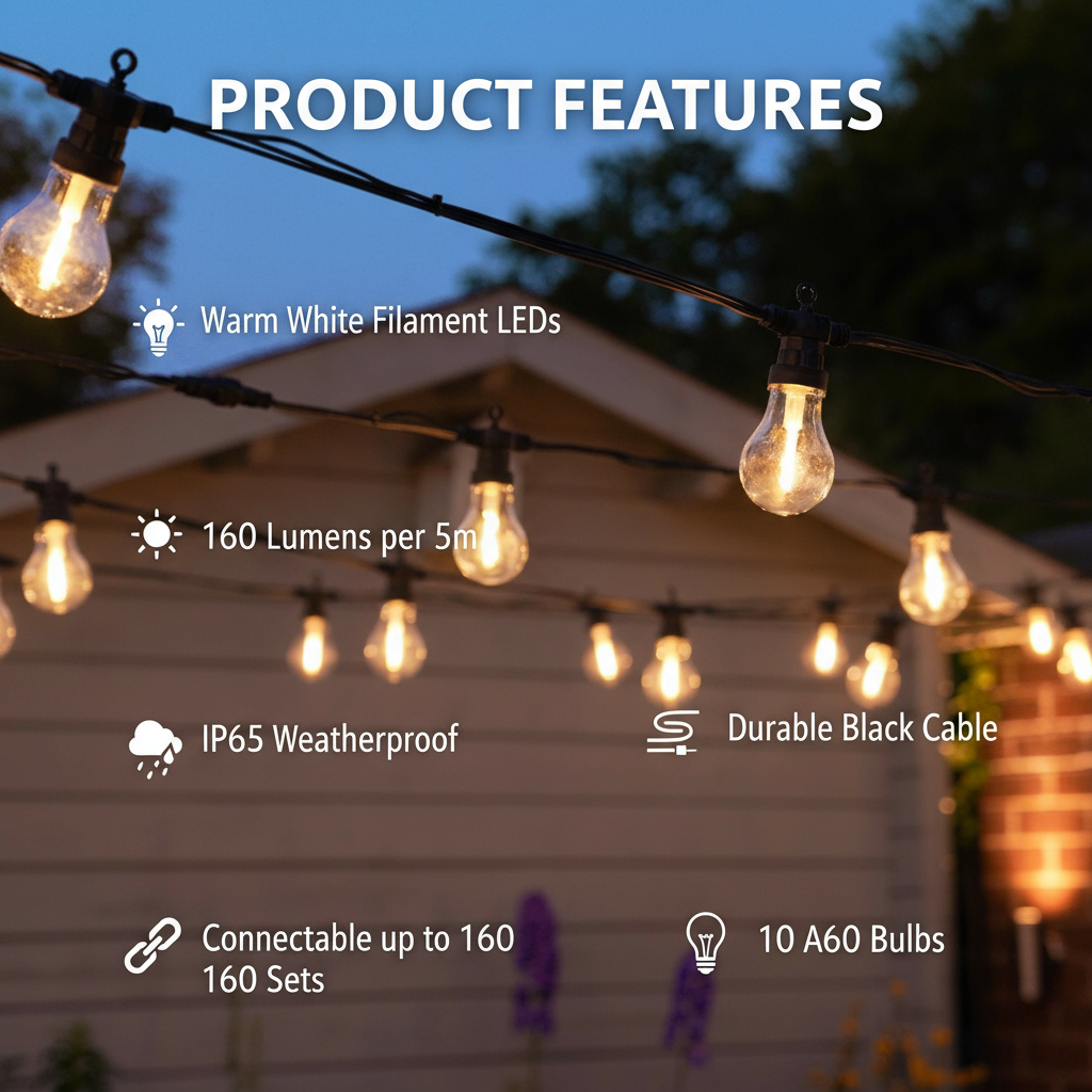 String lights with product features listed outdoors.