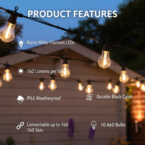 String lights with product features listed outdoors.