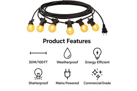 String lights with product features on a white background