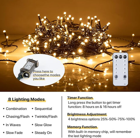 String lights with remote control and lighting mode options on a warm-toned background