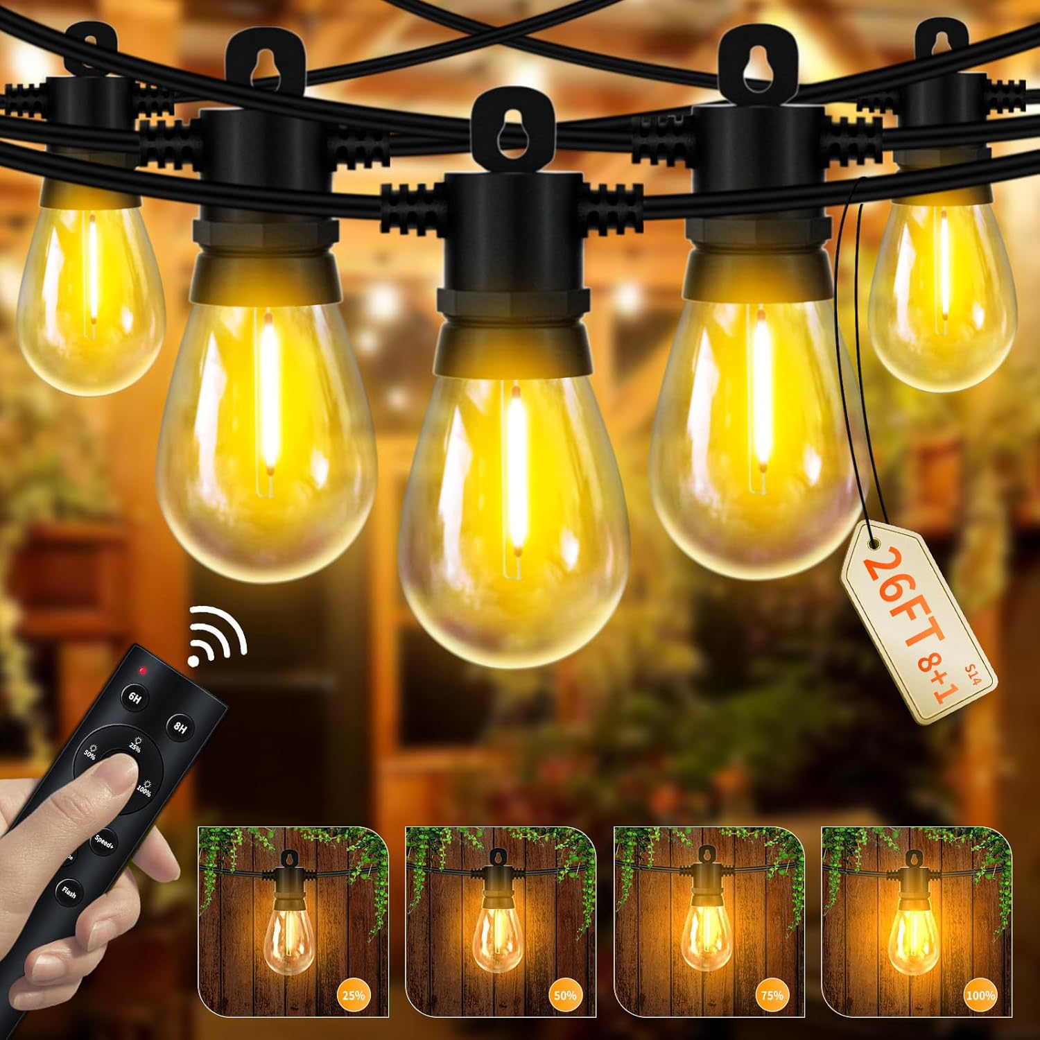String lights with remote control and tag, set against a warm background.