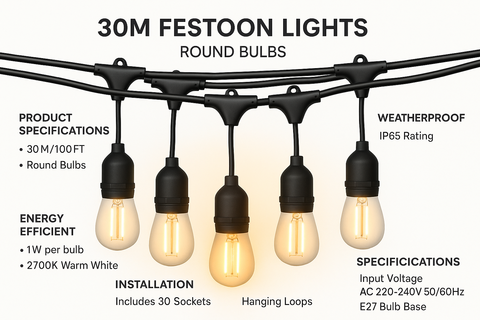 String lights with round bulbs and product specifications on a white background