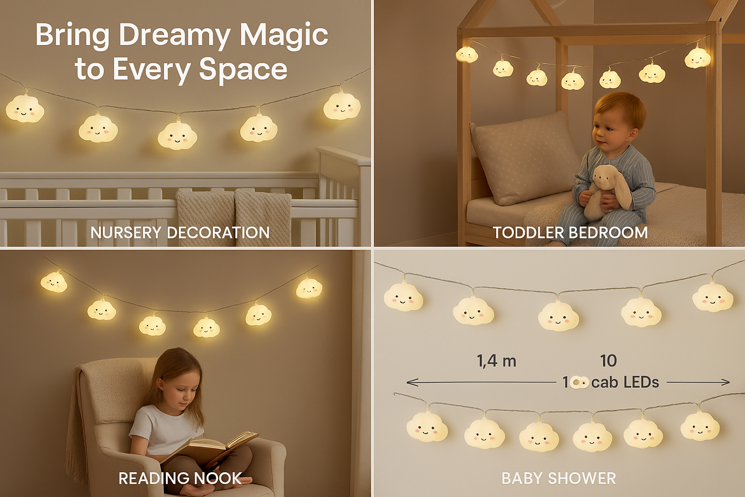 String lights with smiling faces in various settings including a nursery, toddler bedroom, reading nook, and baby shower.