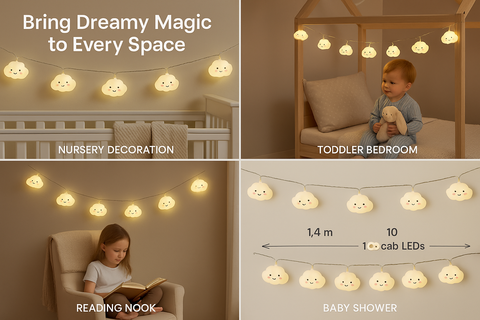 String lights with smiling faces in various settings including a nursery, toddler bedroom, reading nook, and baby shower.