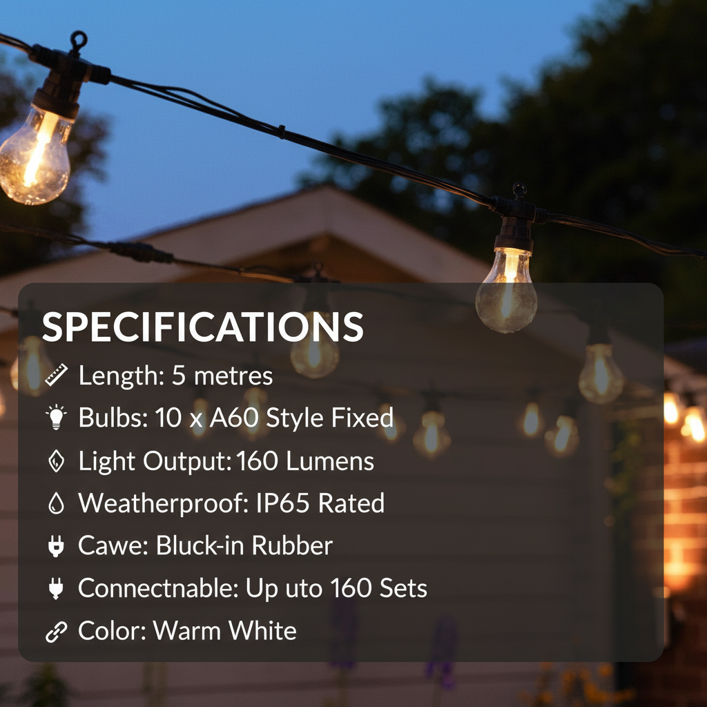 String lights with specifications overlay in an outdoor setting