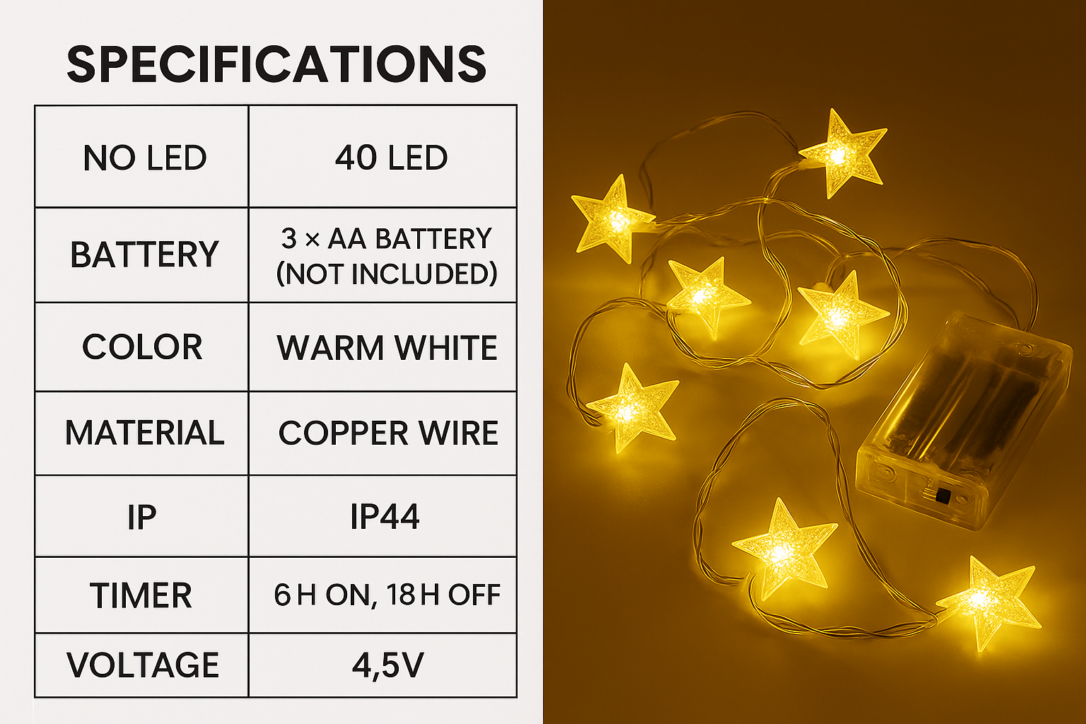 String lights with star-shaped bulbs on a battery pack, next to specifications table.