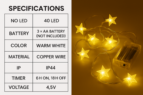 String lights with star-shaped bulbs on a battery pack, next to specifications table.