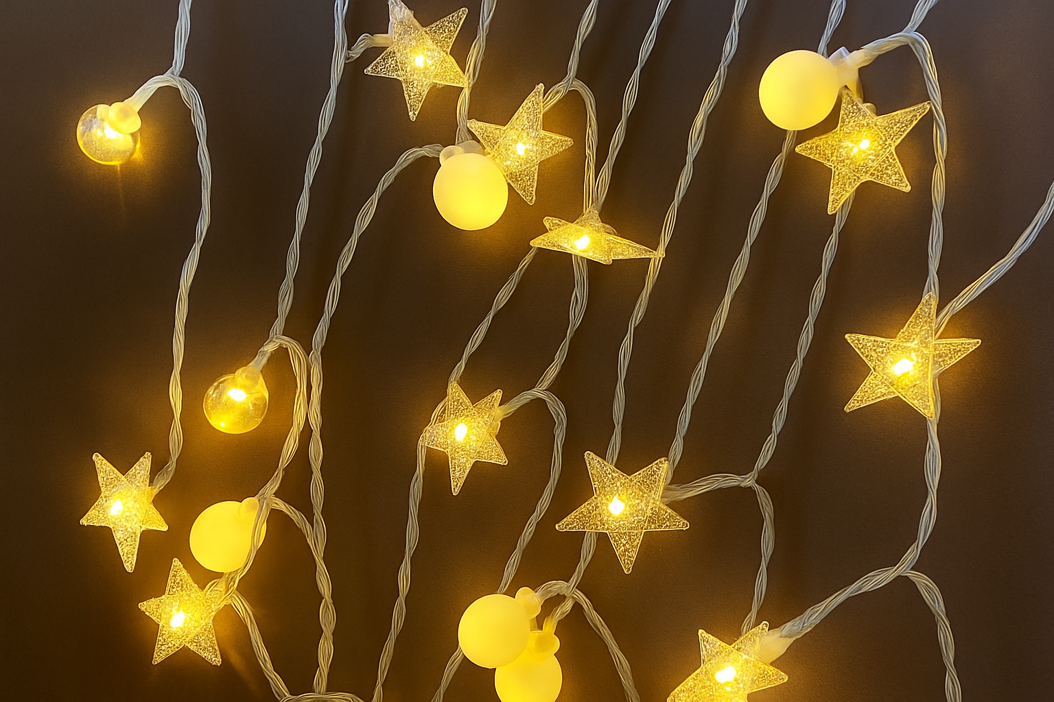 String lights with star-shaped bulbs on a dark background