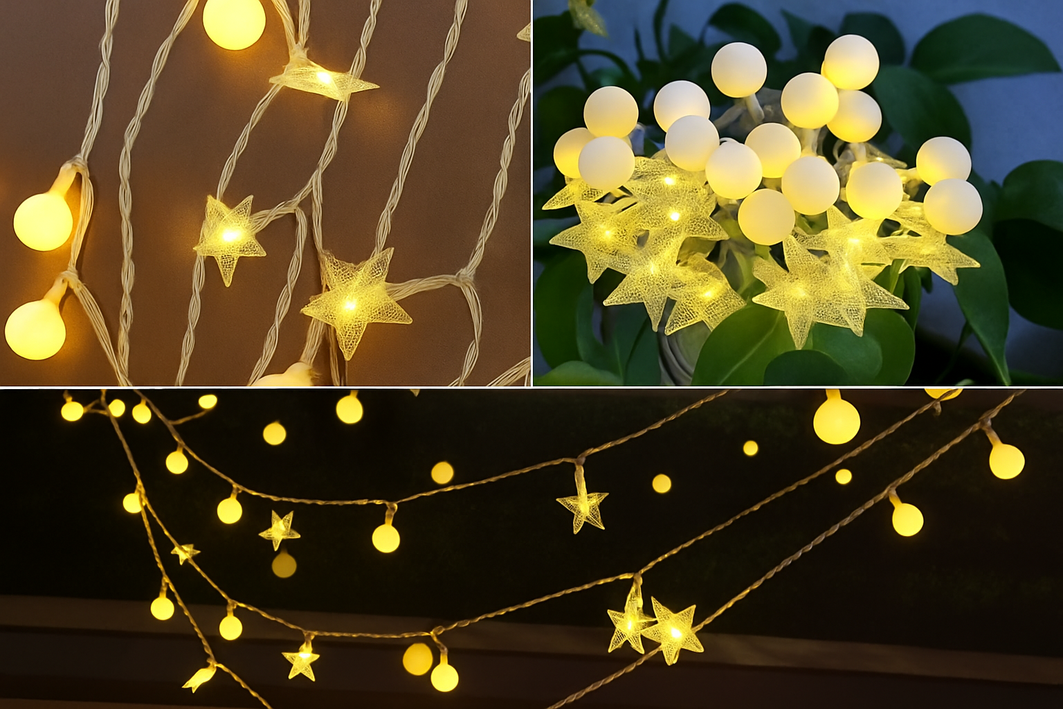 String lights with star and ball designs in use on a dark background.