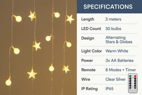 String lights with star and globe design on a brown background, accompanied by specifications on the right.