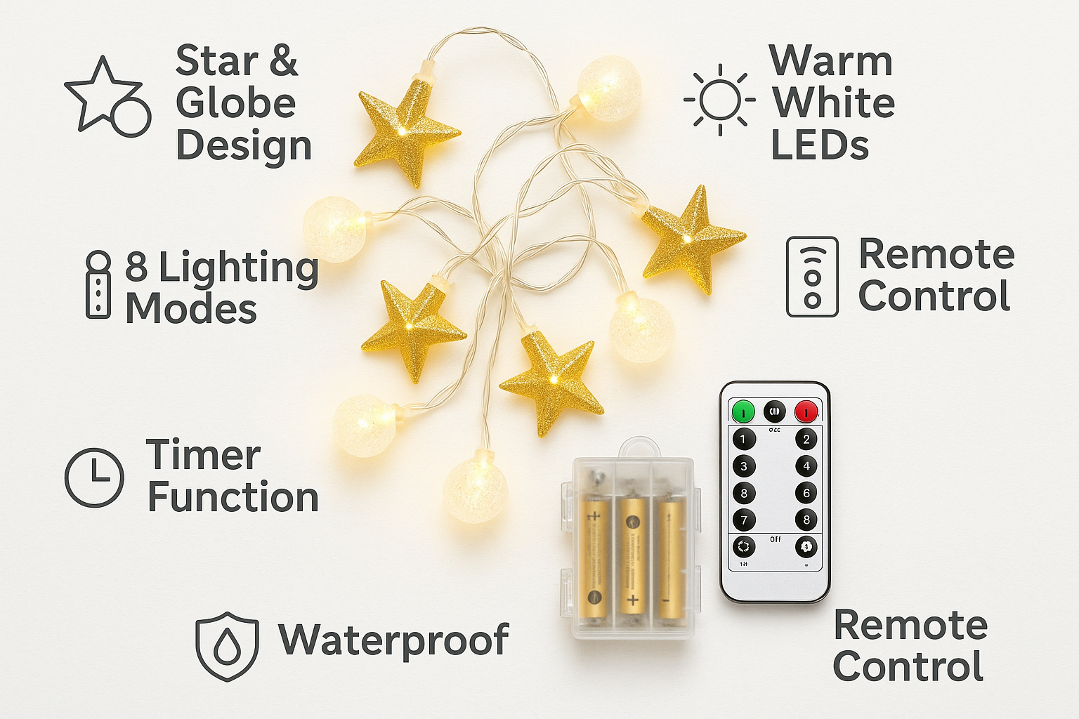 String lights with star design, remote control, and battery pack on a white background