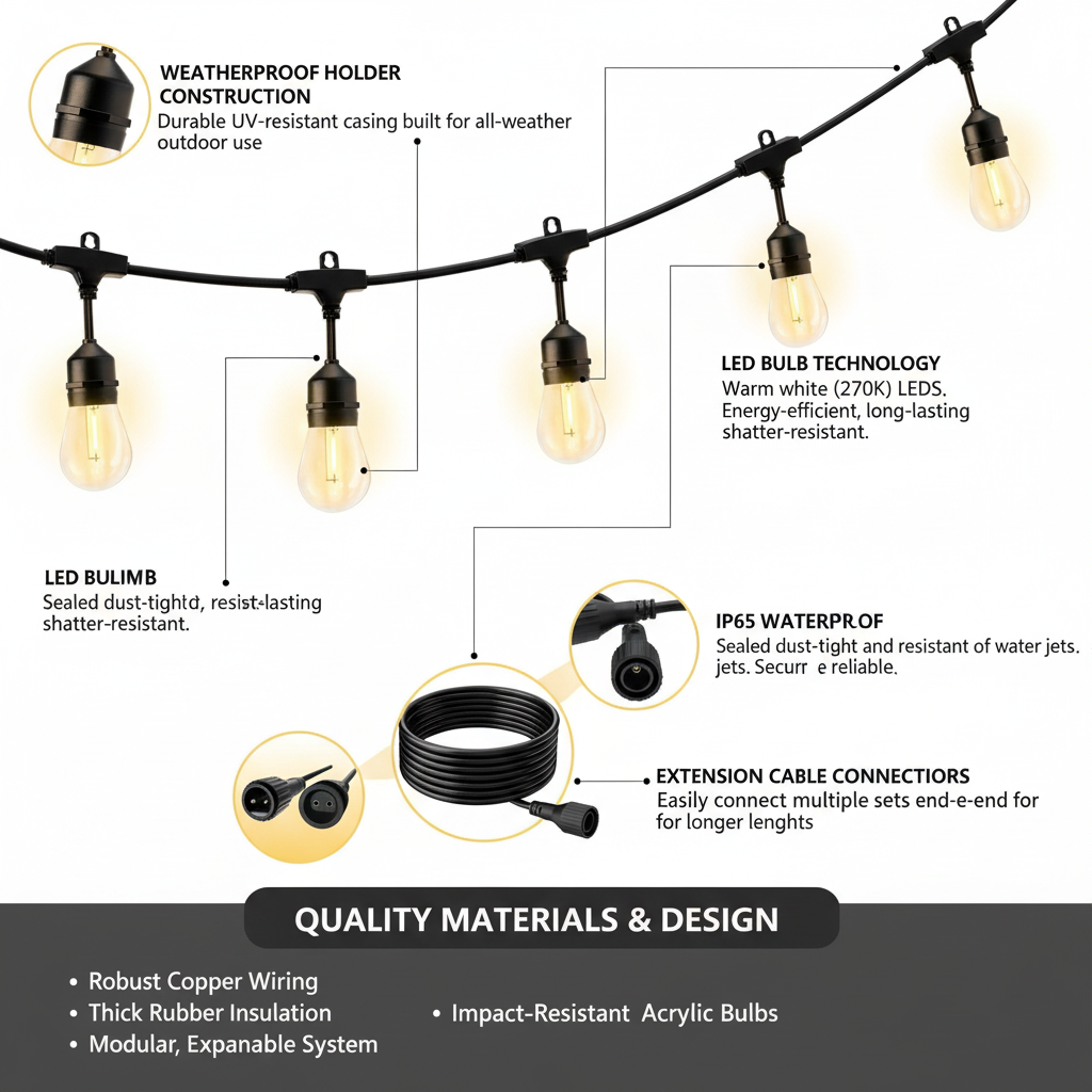String lights with technical details on weatherproof holder, LED bulb technology, IP65 waterproof rating, and extension cable connections.
