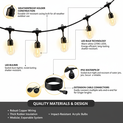 String lights with technical details on weatherproof holder, LED bulb technology, IP65 waterproof rating, and extension cable connections.