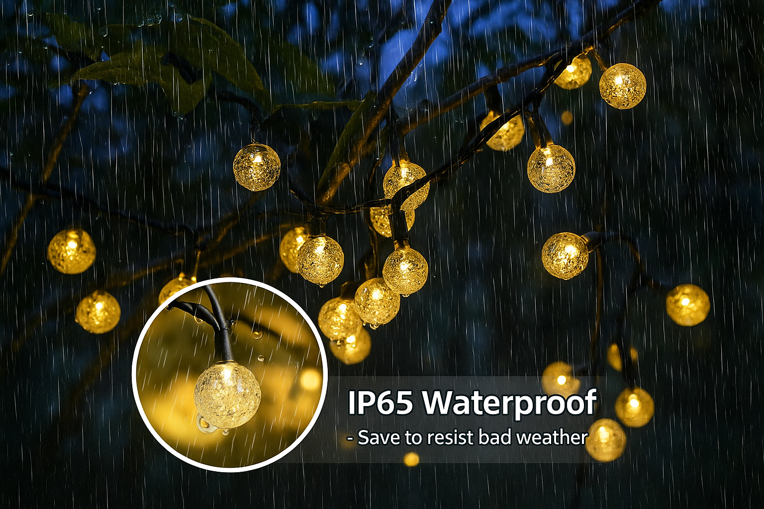 String lights with waterproof feature on a dark background