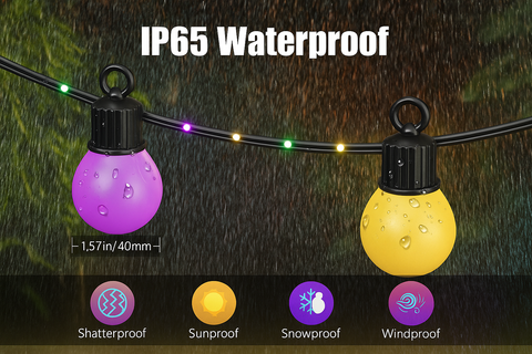 String lights with waterproof rating and features displayed on a dark background