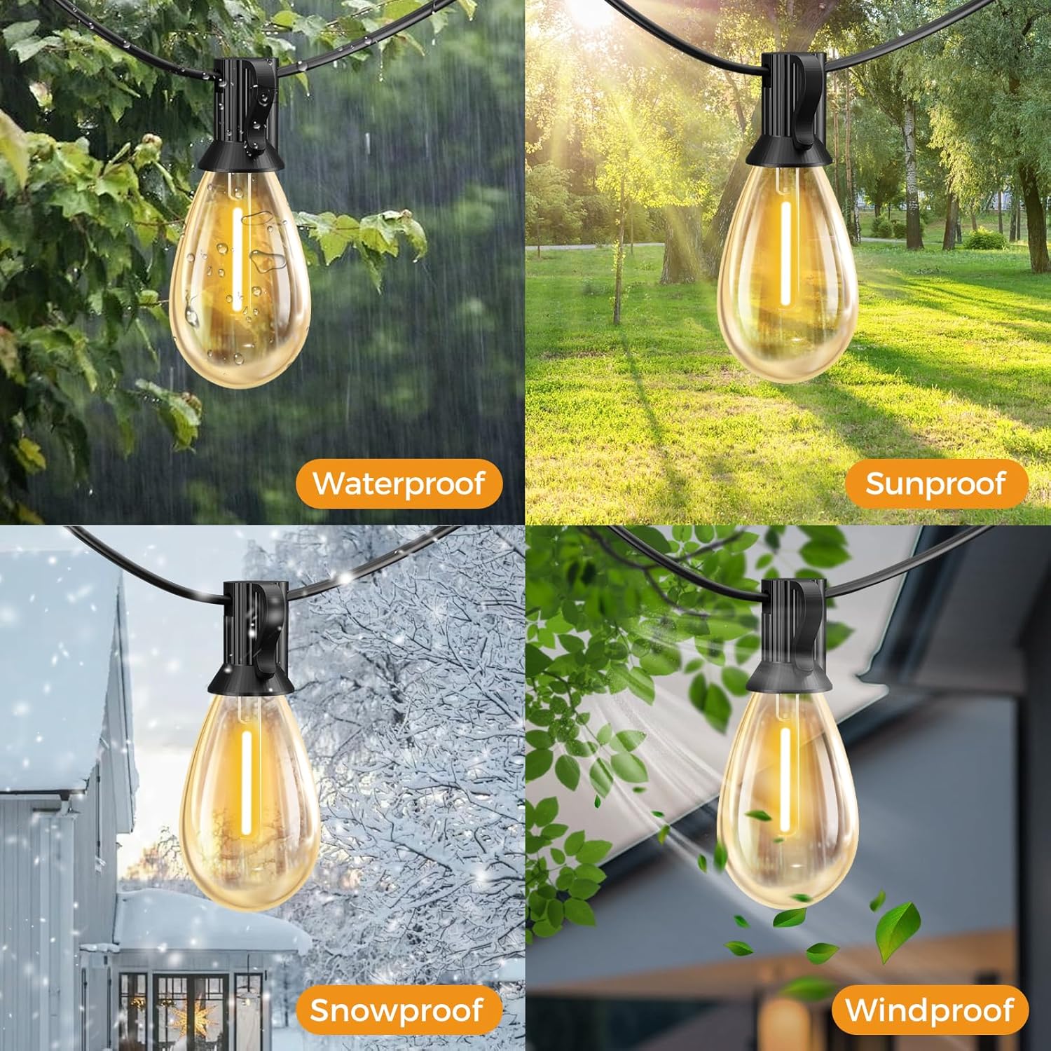 String lights with waterproof, sunproof, snowproof, and windproof features in various outdoor settings.
