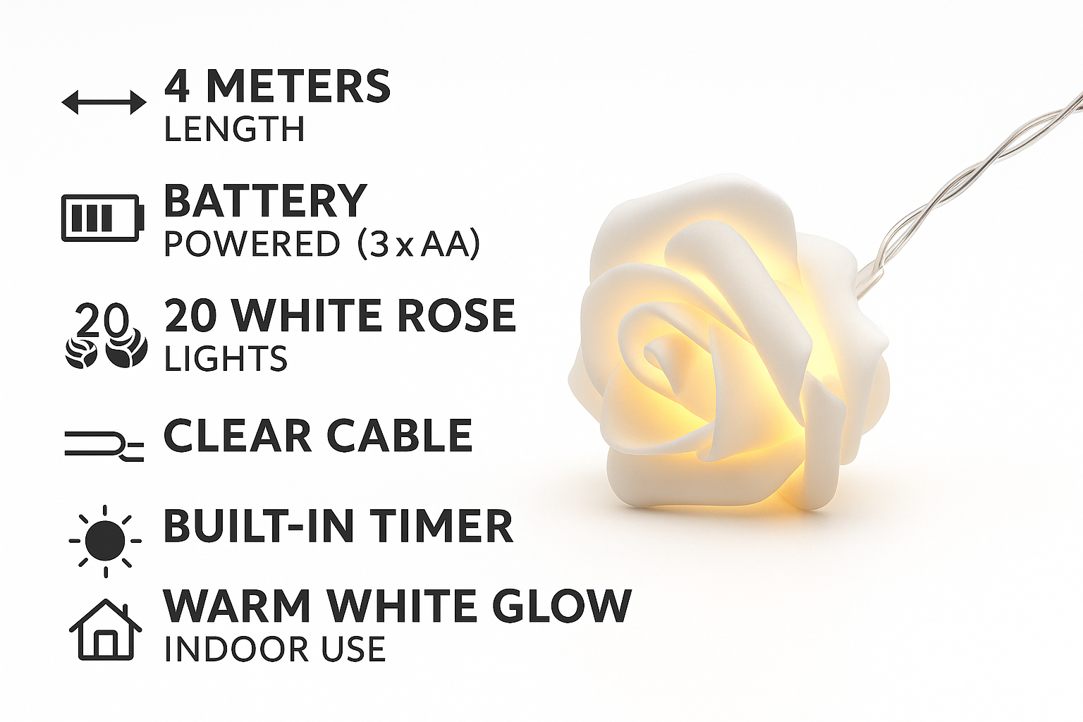String lights with white rose bulbs on a white background, featuring product details.
